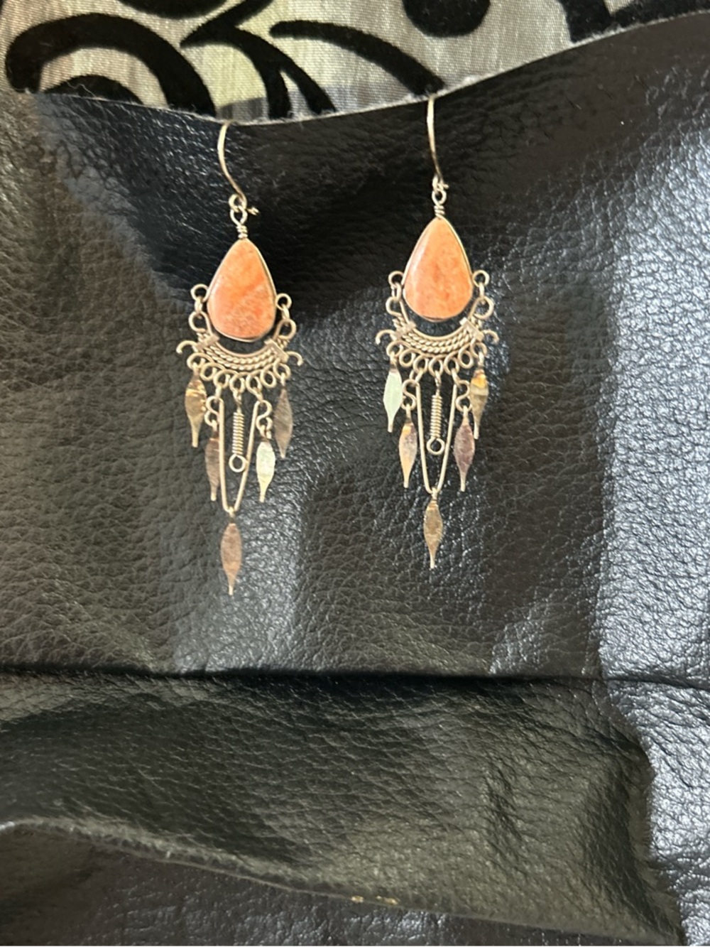 Artisan made Peruvian silver orange natural stone Teardrop Dangle earrings